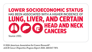 Lower socioeconomic status has been associated with a higher incidence of lung, liver, and certain head and neck cancers.