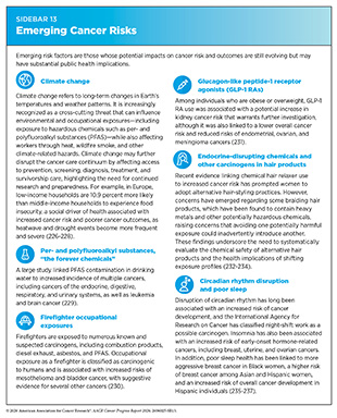 Sidebar 13: Emerging risk factors are those whose potential impacts on cancer risk and outcomes are still evolving but may have substantial public health implications.