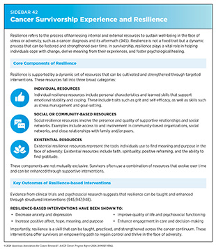 Sidebar 42: Resilience refers to the process of harnessing internal and external resources to sustain well-being in the face of stress, such as a cancer diagnosis.