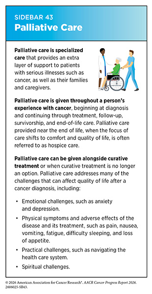 Sidebar 43: Palliative care provides an extra layer of support to patients with serious illnesses such as cancer, as well as their families and caregivers.