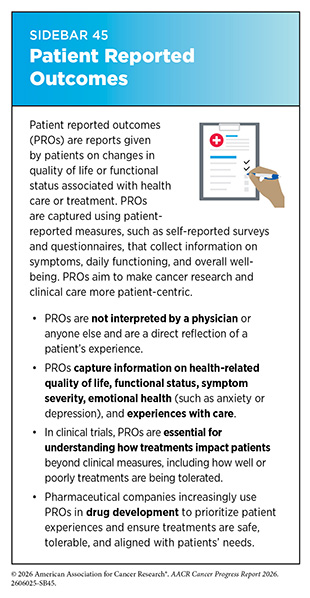 Sidebar 45: Patient reported outcomes are reports given by patients on changes in quality of life or functional status associated with health care or treatment.