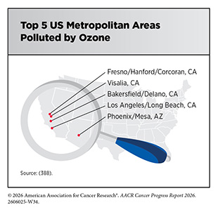 The top 5 U.S. Metropolitan Areas Polluted by Ozone include Fresno, Visalia, Bakersfield and Los Angeles in California and Phoenix in Arizona.
